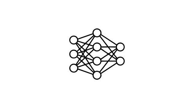 A clean black and white line art vector icon featuring a layered neural network architecture, ideal for deep learning documentation, ai research publications, or technology conference materials.
