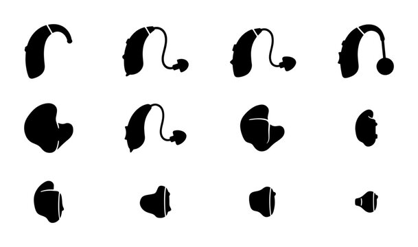 Hearing Aid Icons, Audiology Devices, Ear Health Equipment, Medical Technology Vector Set
