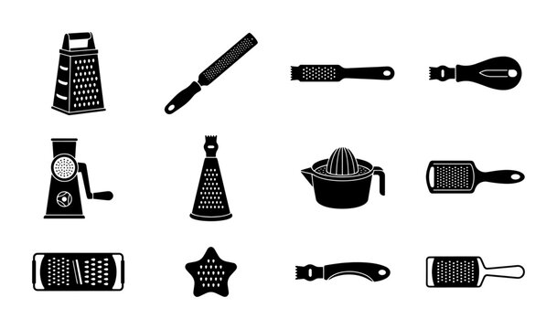 Kitchen Graters and Zesters Set, Vector Icons for Food Preparation, Culinary Tools Collection, Black and White Cooking Gadgets