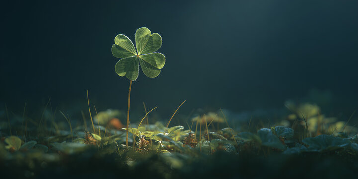 A single four-leaf clover bathed in a soft, ethereal light, symbolizing luck and new beginnings