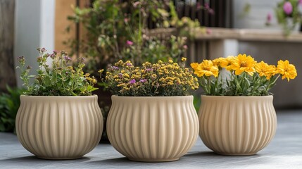 Fototapeta premium Three stylish ceramic pots filled with vibrant yellow and purple flowers, creating a charming and natural indoor garden display