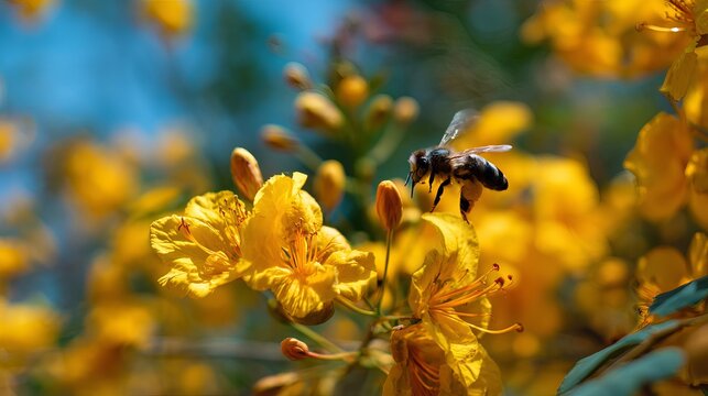 A vibrant honeybee diligently collecting pollen from bright yellow flowers, showcasing nature's beauty and pollination process
