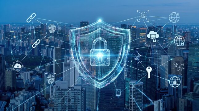 Cyber security shield protecting smart city network, digital data encryption and privacy concept with futuristic technology icons