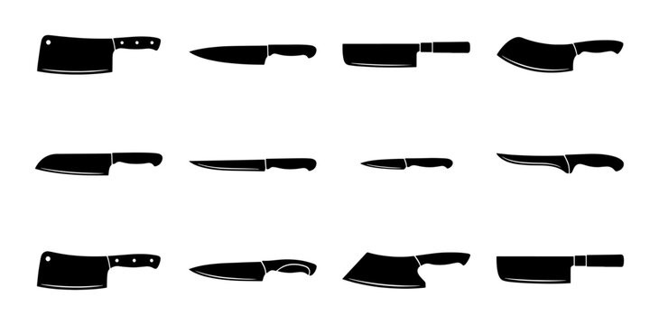 Kitchen Knife Set Vector Icons, Chef Knives, Cleavers, Slicing Blades, Culinary Tools Collection, Black Silhouettes on White Background