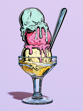 A real glass ice cream cup, a two-dimensional cartoon paper cutout of ice cream