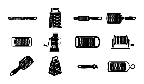 Kitchen Grater Icons, Food Preparation Tools, Culinary Utensils, Vector Set