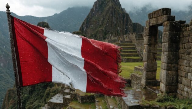 Peruvian flag waving in the rain at Machu Picchu ruins in the Andes