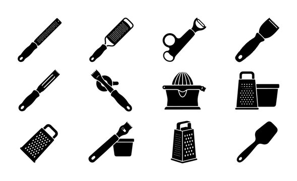 Kitchen Gadgets Vector Icons Set, Food Preparation Tools Collection, Graters, Zesters, Juicers, Slicers, Culinary Utensils Graphics