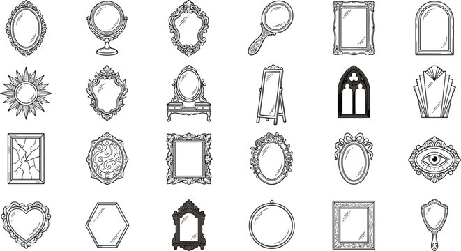 Vintage and Antique Mirror Icon Set Featuring Ornate Baroque Frames Handheld Glass Broken Frames and Gothic Home Decor Line Symbols