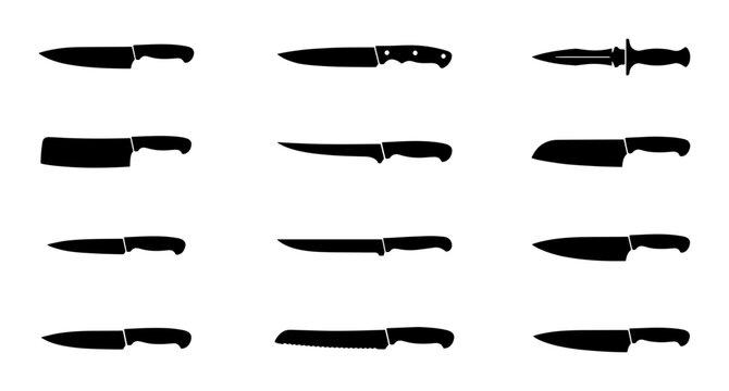 Kitchen Knife Set Vector Icons, Chef Knives Collection, Culinary Utensils Silhouettes, Food Preparation Tools