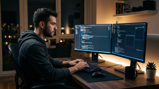 A focused software developer works at night on dual monitors filled with code in a home office, useful for technology, remote work, or programming promotions.