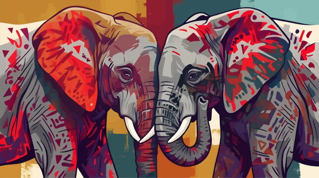 Two Elephant Heads Facing Each Other in Abstract Artistic Style, Vibrant Geometric Patterns and Warm Earthy Tones, Stylized Wildlife Vector Illustration with Expressive Brushwork and Graphic Texture
