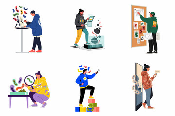 Fototapeta premium Collection of illustrations featuring young people studying microbiology, environmental science, and recycling through modern technology and creative research methods.