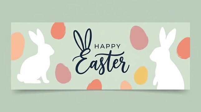 Happy Easter banner with white rabbits and eggs.