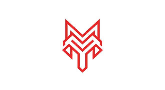 Red geometric fox head mask line art logo.