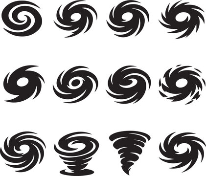 Black filled cyclone swirl vector icon set featuring modern hurricane spiral symbols for web and print.