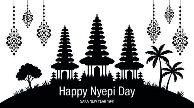 Happy Nyepi Day vector illustration featuring Balinese temple silhouette with hanging ornaments isolated on white background (16 words)