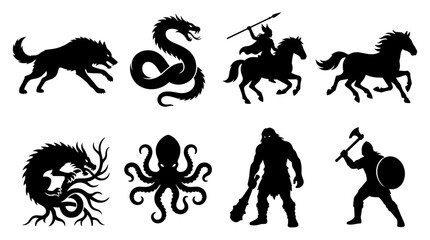 Naklejka premium Set of black fantasy monster and warrior silhouettes, mythical creatures, medieval combat, mythological tales, heroic legend, heraldic symbol element