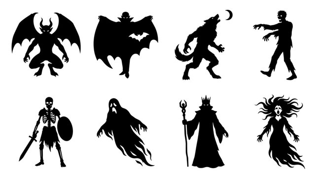 Set of halloween horror monster silhouettes including demon vampire werewolf zombie skeleton ghost wizard and witch for fantasy games and dark themes