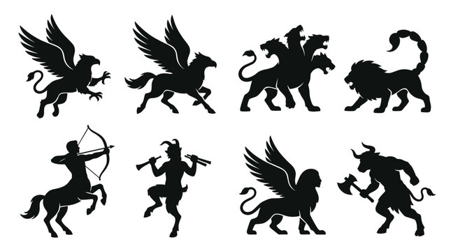 Set of isolated mythical creature silhouettes featuring griffin, pegasus, cerberus, manticore, centaur, satyr, chimera, and minotaur for fantasy