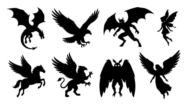 Set of black silhouettes featuring mythological creatures, fantasy animals, eagle and fairy, vector elements for heraldic design and dark legends
