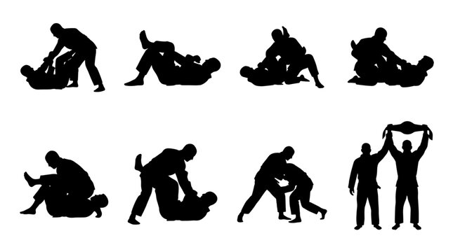 Silhouettes of martial arts grappling and submission techniques, jiu jitsu poses, combat training, ground fighting positions, vector illustration