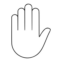 Fototapeta premium A minimalist black line art vector icon depicting an open human hand with fingers extended upwards against a clean white background, suitable for stop signs or greeting gestures in design.