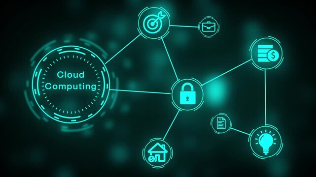 Business network workflow with secure data management, cloud integration, digital communication, finance, authentication, cybersecurity, enterprise technology seamless loop animation