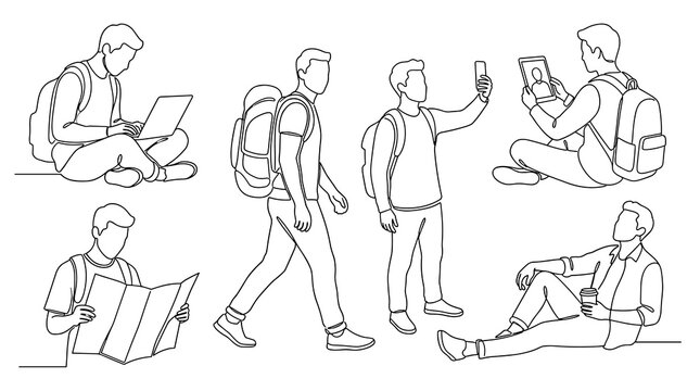 Set of black line drawing people silhouettes including travelers and office workers, daily life poses, urban lifestyle illustration, architecture