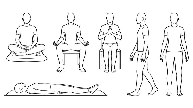 Set of black dashed line human figures in various yoga poses and standing positions, technical blueprint style, human movement analysis and body