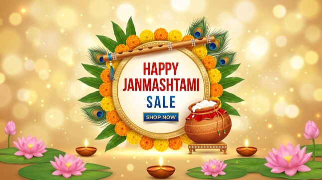 Happy Janmashtami Sale Vector Banner with Lord Krishna Flute, Dahi Handi, Peacock Feathers, and Diya Lamps on Golden Bokeh Background