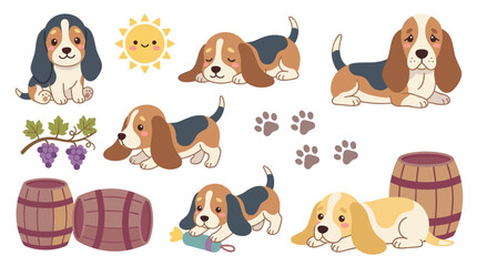 Obraz premium set of cute basset hound dog illustrations with barrels, grapes and sun, joyful pet collection for stickers and decor, playful canine characters