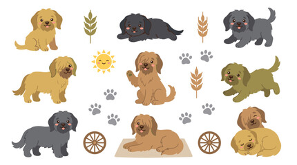 Fototapeta premium Set of cute puppy dog illustrations in blocky style, featuring playful pets, sun, foliage, and tracks, perfect for nursery decor and stationery