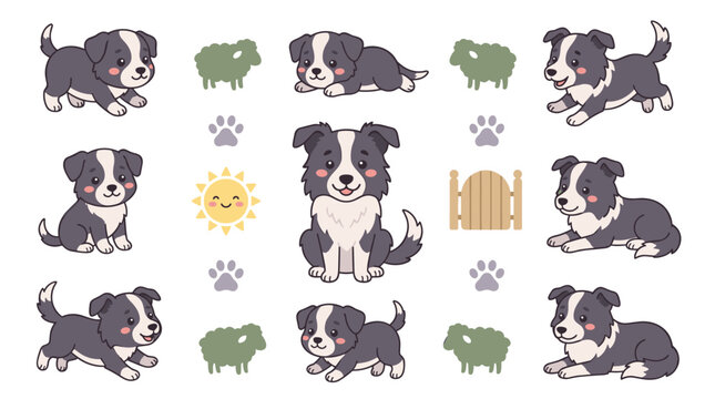 Set of border collie puppy stickers, cute dogs in various poses, farm elements, sheep, sun and paw prints, playful pet illustrations