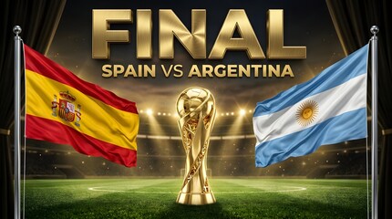 Obraz premium Final match spain vs argentina with golden trophy on football stadium background