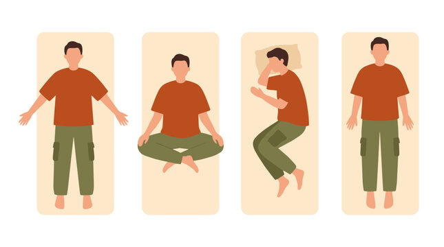 Person in four different sleeping and relaxing poses including lying flat, cross-legged meditation, and curled on side