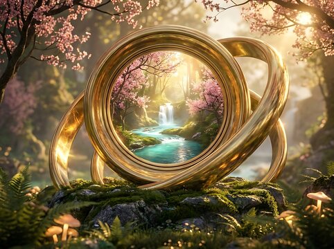 Golden rings framing a magical waterfall forest landscape