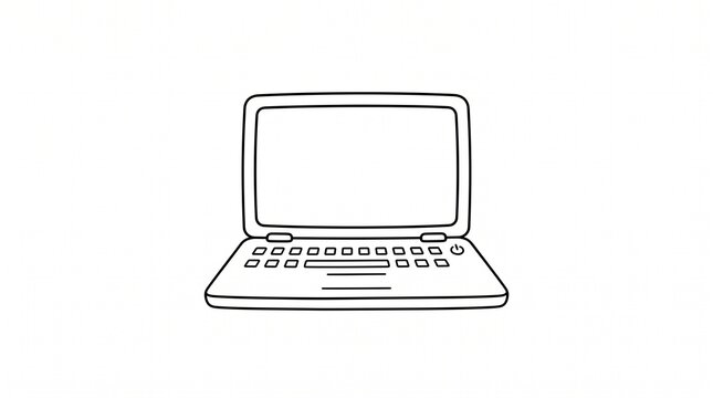 A simple black and white line art illustration of an open laptop, viewed from the front, isolated on a plain white background. 