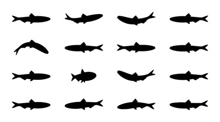 Fototapeta premium School of Sardine Silhouettes, Fish Vector Icons, Aquatic Life Collection, Marine Animal Graphics, Seafood Elements, Underwater Schooling Behavior, Simple Black and White Icons