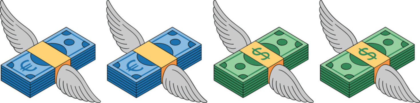 Flying money cash bundles with wings including dollar and euro currency notes isolated on white background