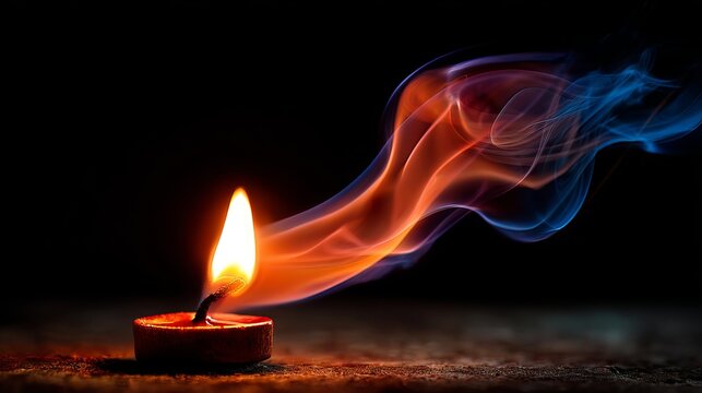 Burning candle flame with vibrant blue and orange smoke rising, creating a mystical and warm, atmospheric, peaceful glow