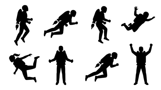 Collection of diverse skydiving silhouette icons showing freefall, parachute deployment, and landing poses for extreme sports or adventure themes