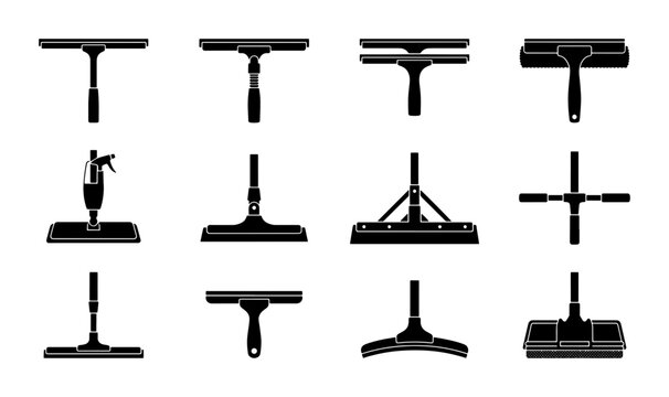 Window Cleaning Squeegee Tools Collection, 12 Vector Icons for Professional Cleaning Services and Household Maintenance, Silhouette Style
