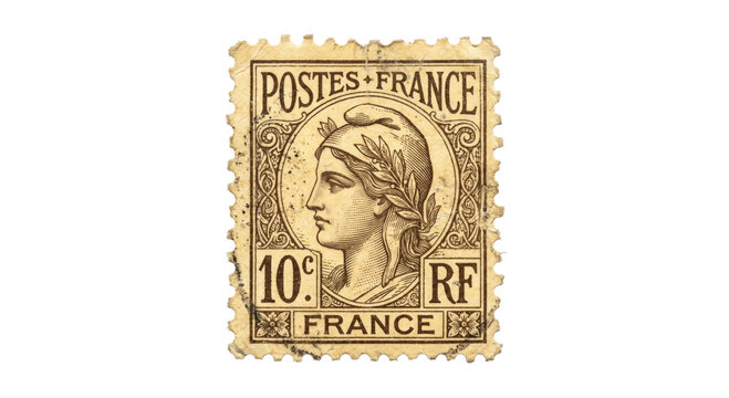 Vintage French postage stamp featuring Marianne with laurel wreath and 10 centimes value