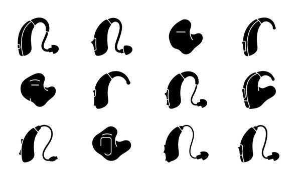 Hearing Aid Icons, Auditory Device Silhouettes, Hearing Loss Solutions, Medical Technology Vector Set