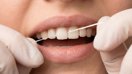 Fototapeta premium Close View of Person Using Dental Floss to Clean Teeth with White Gloves