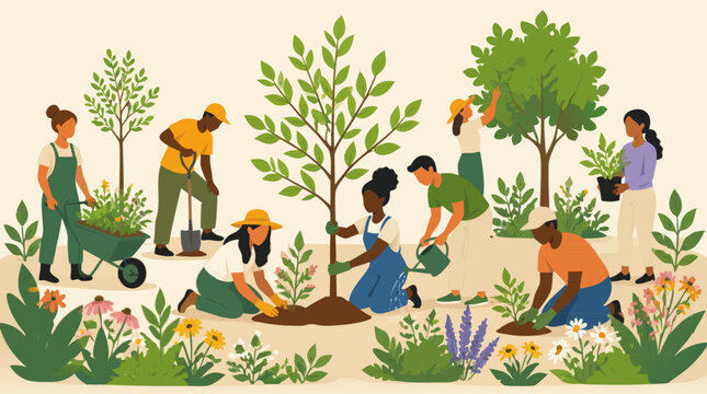 Faceless diverse gardeners planting young trees and tending flowers in a lush community garden, flat vector environmental scene for sustainability, volunteering and urban nature renewal