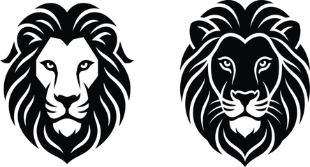 2 Minimal Lion Head Silhouette Vector Designs Featuring Bold Majestic Wild Cat Faces for Premium Wildlife Logo, Mascot, Tattoo and Branding Collection © MstNela