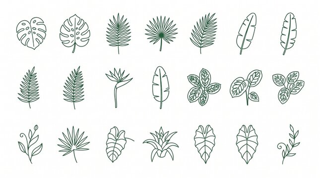A collection of 21 minimalist line art illustrations of various tropical leaves and plants, featuring green outlines set against a clean white background.
