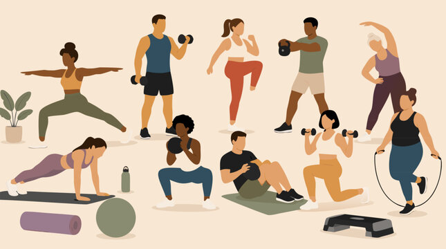 Diverse faceless athletes performing home gym workout routines with dumbbells, kettlebell, jump rope, yoga mat and step platform, warm flat vector fitness class illustration for strength and wellness